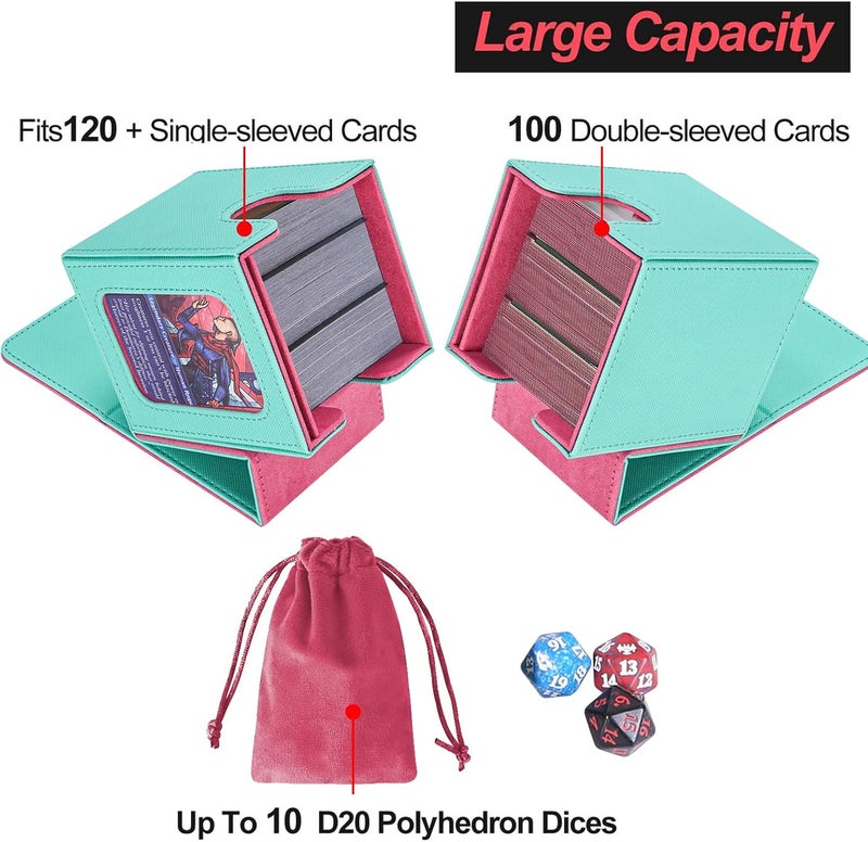 AFIING MTG Deck Box for Commander Display,Card Deck Case Fits 100 Double Sleeved Cards, Magic Commander TCG Card Storage Box with 2 Dividers,Dice Bag and 1 Toploader(Green Rose pink) - Image 3